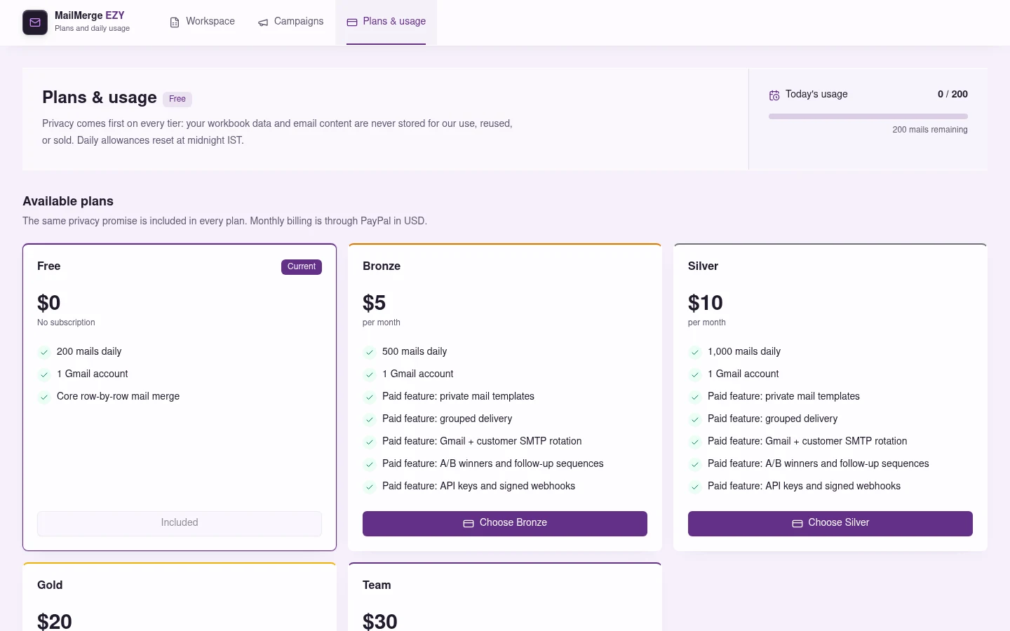MailMerge EZY plans and daily usage interface