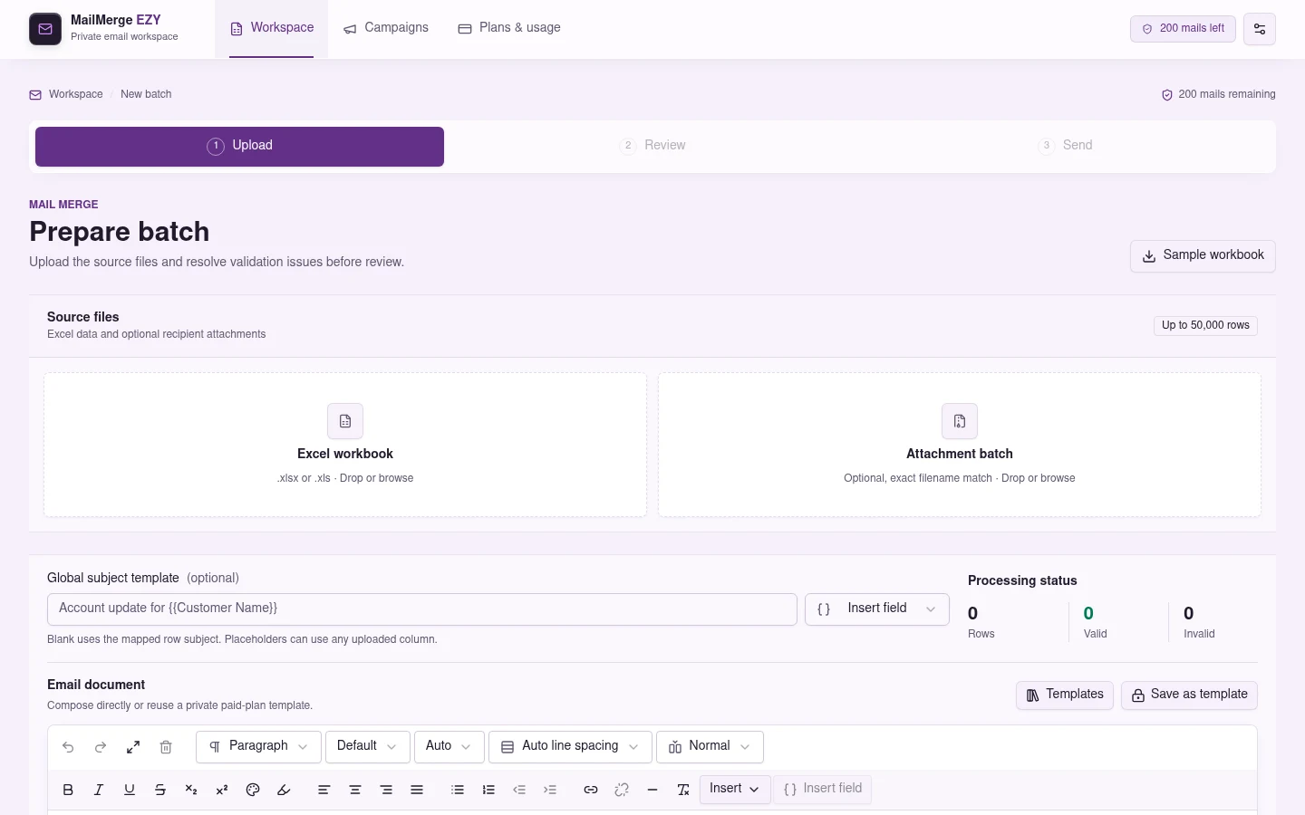 MailMerge EZY workbook upload and source preparation