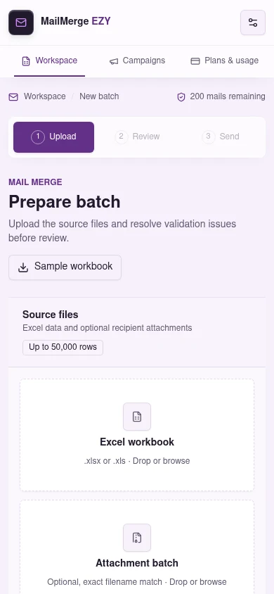 MailMerge EZY workspace with source files, email personalization, and review controls